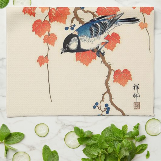 Japanse Jay Bird en Autumn Grapevine Theedoek (Gevouwen)