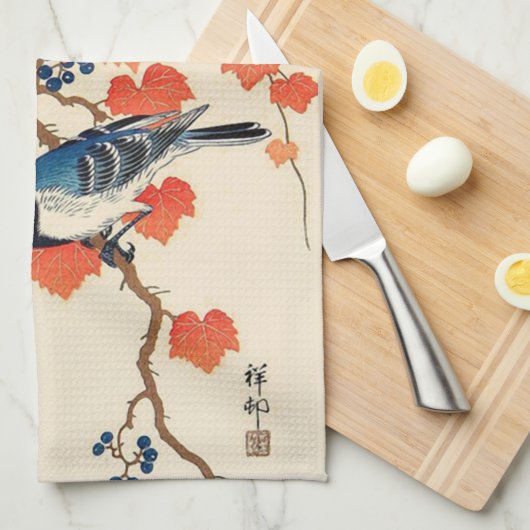 Japanse Jay Bird en Autumn Grapevine Theedoek (Quarter Fold)
