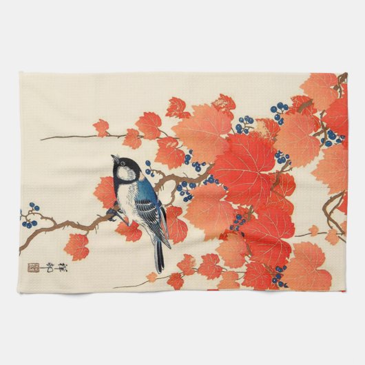 Japanse Jay Bird en Autumn Grapevine Theedoek (Horizontaal)