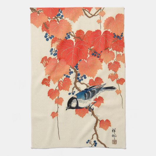 Japanse Jay Bird en Autumn Grapevine Theedoek (Verticaal)