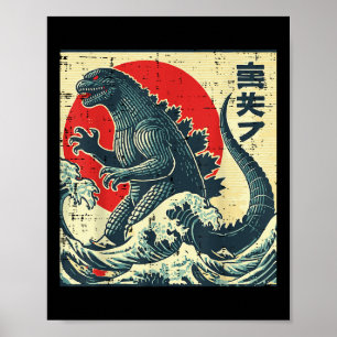 Japanse Kaiju Monster Waves Retro Ukiyo Art Vrouwe Poster
