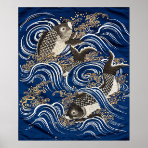  Japanse karper in Waves, Retro Poster