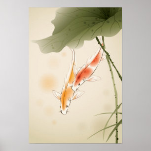 Japanse karper zwemt in lotusvijver poster