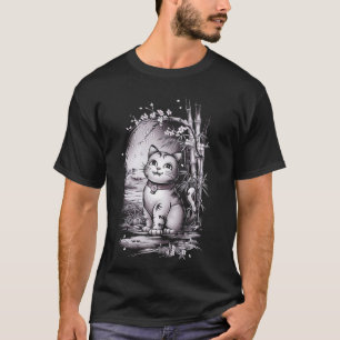 Japanse Kat Bamboe Tuin Illustratie Kunst Graphi T-shirt