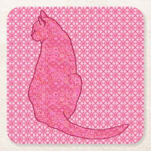 Japanse Kat - Fuchsia Roze Batik Kartonnen Onderzetters
