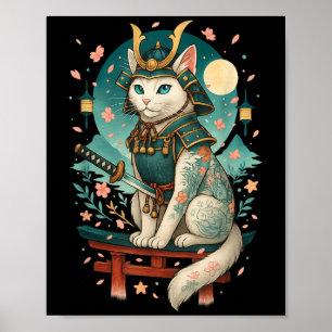 Japanse Kat Kersenbloesem Samoerai Maneschijn  Poster