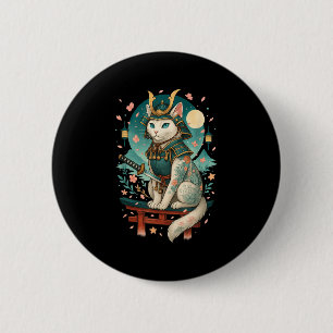 Japanse Kat Kersenbloesem Samurai Maneschijn Ronde Button 5,7 Cm