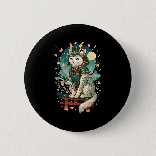 Japanse Kat Kersenbloesem Samurai Maneschijn  Ronde Button 5,7 Cm (Voorkant)