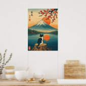 Japanse kat kijkt naar Mount Fuji zonsondergang Poster (Keuken)