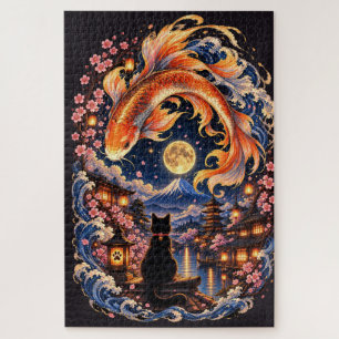 Japanse Kat & Koi Vis Maan Legpuzzel