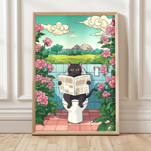 Japanse kat op toilet print, grappige badkamerprin poster