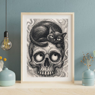 Japanse kat schedel kunstprint, gotische zwarte ka poster