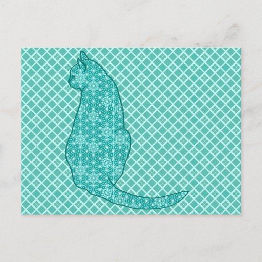 Japanse kat - Turquoise Kimono Print Briefkaart (Voorkant)