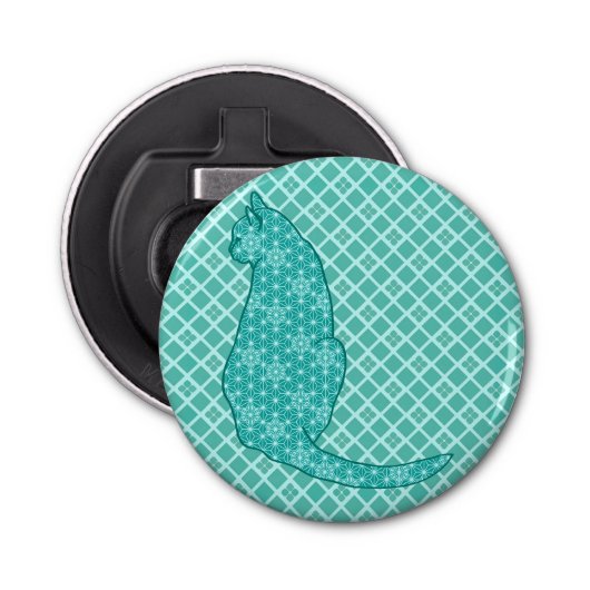 Japanse kat - Turquoise Kimono Print Button Flesopener (Voorkant)