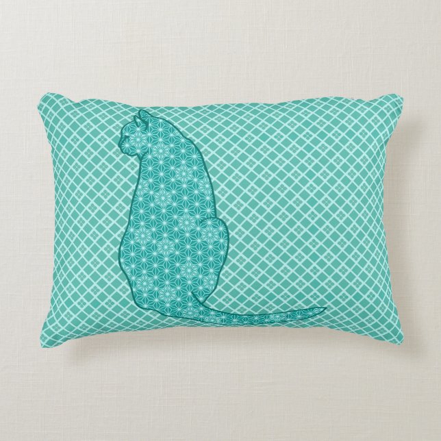 Japanse kat - Turquoise Kimono Print Decoratief Kussen (Voorkant)