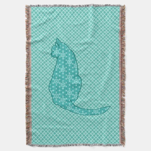 Japanse Kat - Turquoise Kimono Print Deken (Voorkant Verticaal)