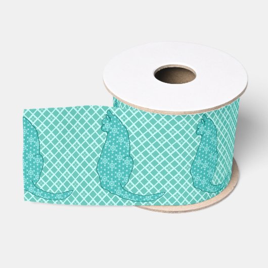 Japanse kat - Turquoise Kimono Print Grosgrain Lint (Spoel)