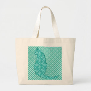 Japanse kat - Turquoise Kimono Print Grote Tote Bag
