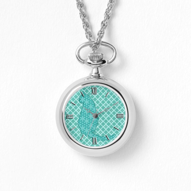 Japanse kat - Turquoise Kimono Print Horloge (Voorkant)
