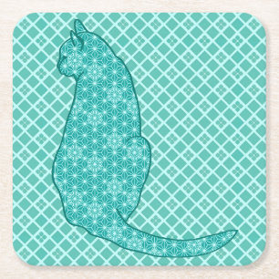 Japanse kat - Turquoise Kimono Print Kartonnen Onderzetters