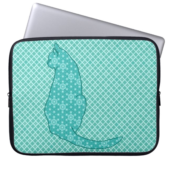 Japanse kat - Turquoise Kimono Print Laptop Sleeve (Voorkant)