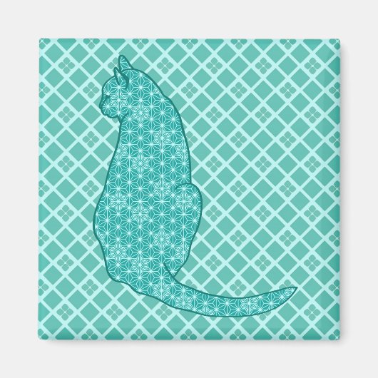 Japanse kat - Turquoise Kimono Print Magneet (Voorkant)