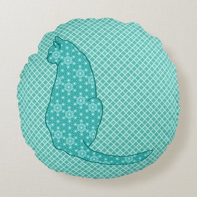 Japanse kat - Turquoise Kimono Print Rond Kussen (Voorkant)