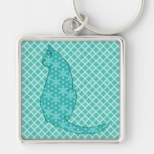 Japanse kat - Turquoise Kimono Print Sleutelhanger (Voorkant)