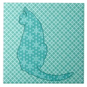 Japanse kat - Turquoise Kimono Print Tegeltje