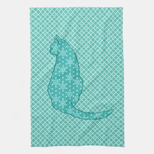 Japanse kat - Turquoise Kimono Print Theedoek (Verticaal)