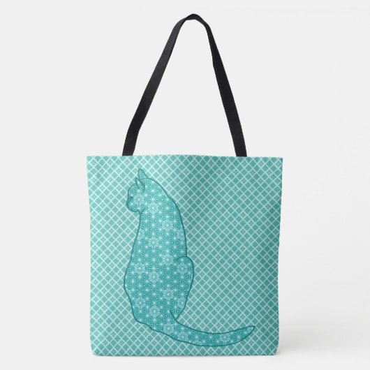 Japanse kat - Turquoise Kimono Print Tote Bag (Voorkant)