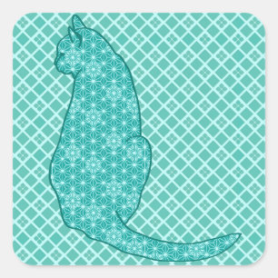 Japanse kat - Turquoise Kimono Print Vierkante Sticker