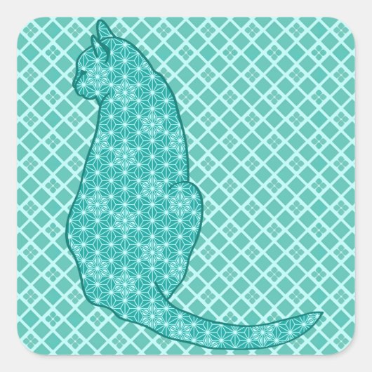 Japanse kat - Turquoise Kimono Print Vierkante Sticker (Voorkant)