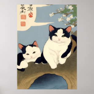 Japanse katten bloesem boom muurkunst poster