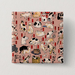 Japanse katten Houtblokdruk ukiyo-e Vintage poesje Vierkante Button 5,1 Cm