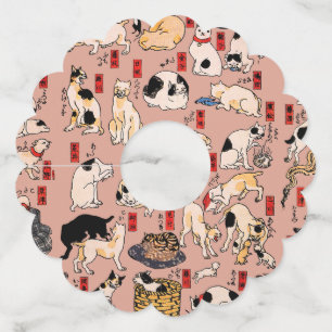 Japanse Katten Ukiyo-e Kunst Grappig Wijnglaslabel