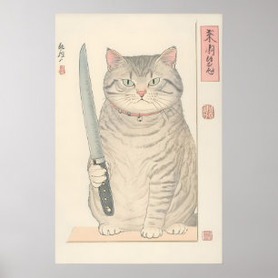 Japanse kattenprint Funny Tabby-kat met mes Poster