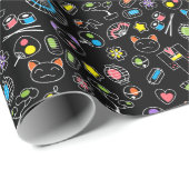 Japanse Kawaii Culture Doodles op zwart Cadeaupapier (Rol Hoek)