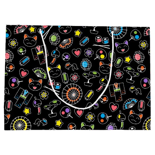 Japanse Kawaii Culture Doodles op zwart Groot Cadeauzakje (Achterkant)