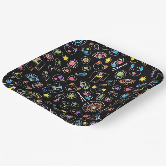 Japanse Kawaii Culture Doodles op zwart Papieren Bordje (Gebogen)