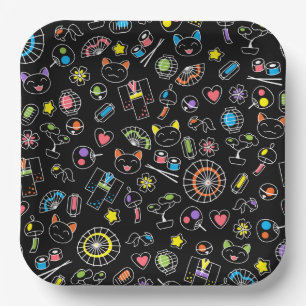 Japanse Kawaii Culture Doodles op zwart Papieren Bordje