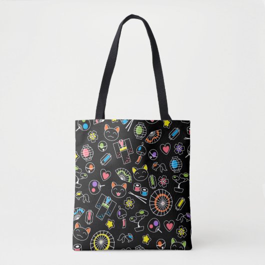 Japanse Kawaii Culture Doodles op zwart Tote Bag (Voorkant)