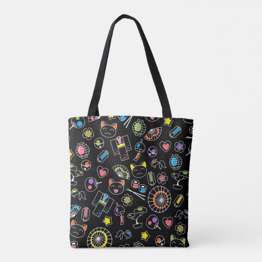 Japanse Kawaii Culture Doodles op zwart Tote Bag (Achterkant)