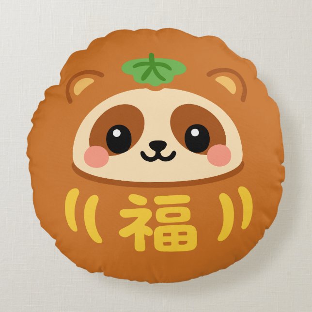 Japanse Kawaii daruma tanuki Rond Kussen (Voorkant)