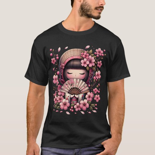 Japanse Kawaii Kokeshi Doll Cherry Blossom T-shirt (Voorkant)