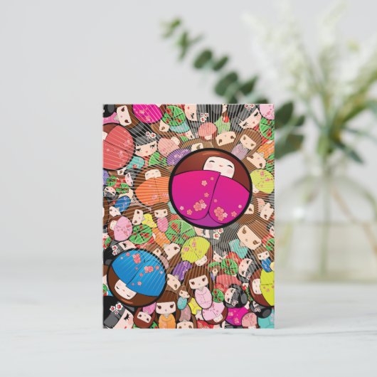 Japanse Kawaii Kokeshi Dolls Briefkaart (Staand voorkant)