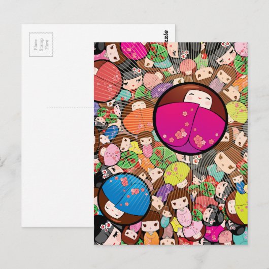Japanse Kawaii Kokeshi Dolls Briefkaart (Voorkant / Achterkant)