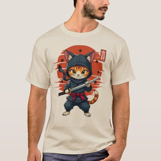 Japanse Kawaii Ninja kat, Ninja kat met een zwaard T-shirt (Voorkant)