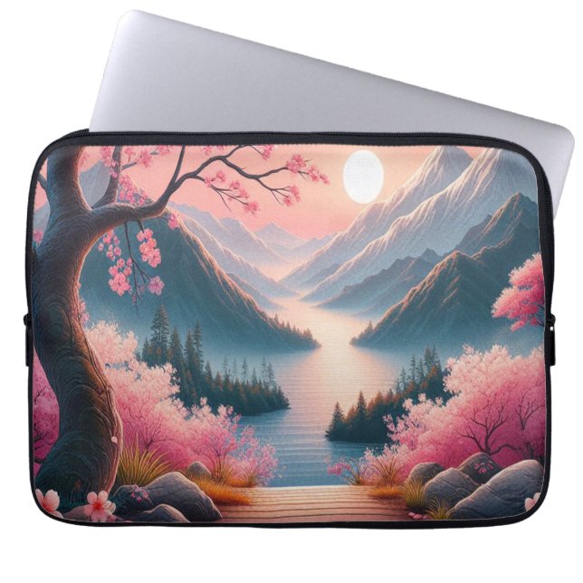 Japanse Kersenbloesem Berg Bos Landschap Laptop Sleeve (Voorkant)