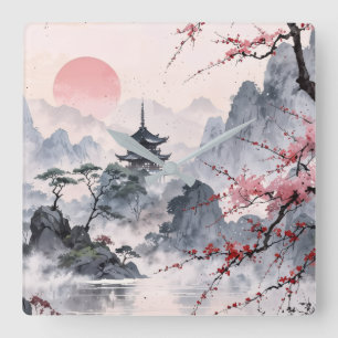 Japanse Kersenbloesem Berglandschap Muur Vierkante Klok